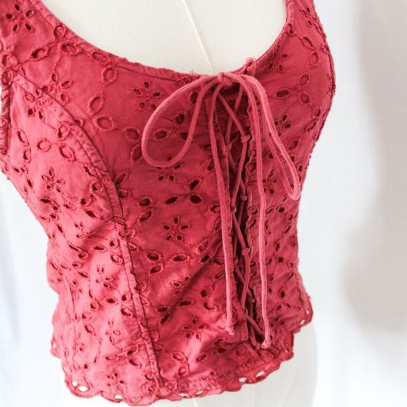 Y2K Abercrombie and Fitch Tie Front Eyelet Lace Tank Smocked Back XS - Picture 2 of 6